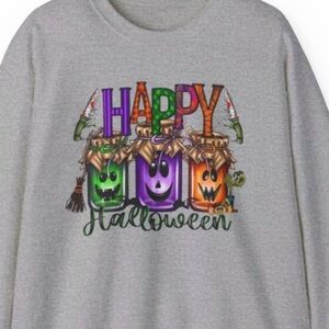 Grey Happy Halloween Sweatshirt Horror Spooky Long Sleeve Shirt Fall Women’s